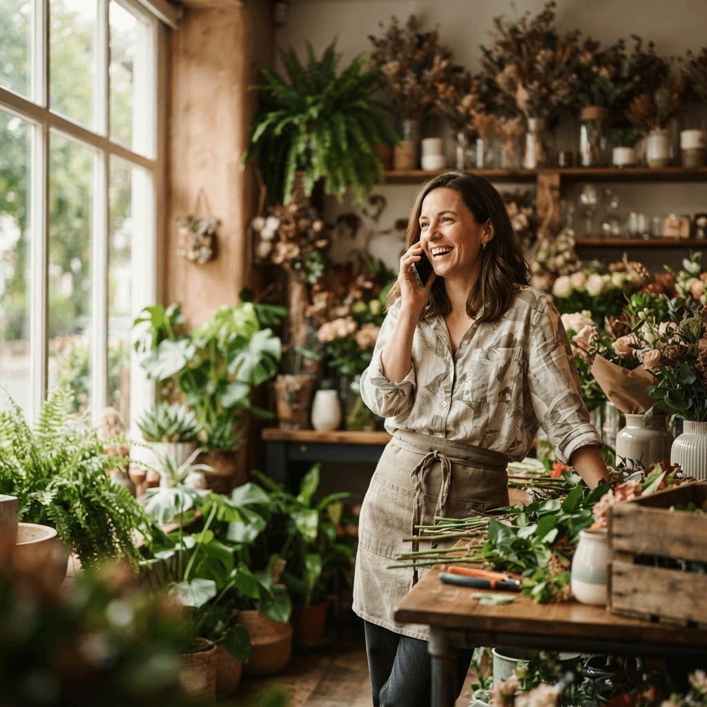 A small business owner taking a customer call in her flower shop
